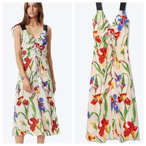 $898 TORY BURCH NWT RUNWAY Authentic Chiffon Iris Blue Cream Red Floral Dress 4 - Picture 15 of 15